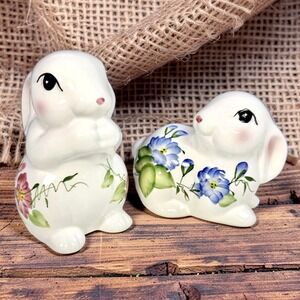 VTG 90's Ceramic Bunny Figurines Floral Hand Painted Easter Rabbits Décor Set /2